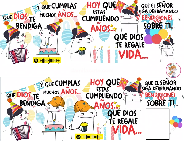Dos versiones de una plantilla editable de cumpleaños con personajes de trazo simple con gorros de fiesta, acordeón, torta, cerveza y globos, entre frases de la canción; la segunda trae gorras naranjas y un recuadro para una foto, y las dos un código para escanear la canción