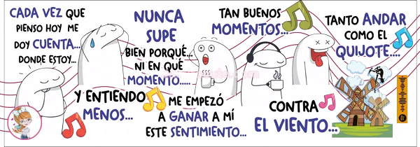 Plantilla editable con personajes de trazo simple, uno con audífonos y otro con un café, entre frases de la canción, notas musicales de colores, un molino de viento y un código para escanear la canción