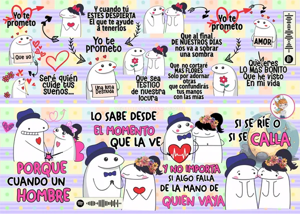 Dos diseños en la misma hoja con una pareja de trazo simple, ella con moño y él con sombrero, entre frases de la canción, cada uno con su código para escanear la canción
