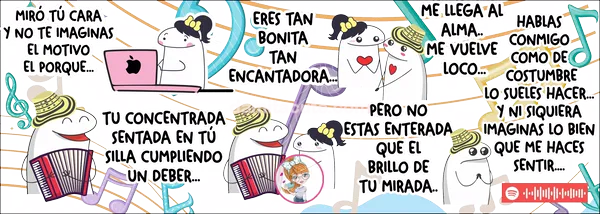 Plantilla editable con una pareja de personajes de trazo simple, ella con moño frente a un portátil y él con sombrero vueltiao y acordeón, entre frases de la canción, notas musicales de colores y un código para escanear la canción
