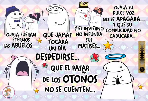 Plantilla editable sobre fondo pastel de corazones con abuelitos de trazo simple, uno con sombrero y corbatín, otro con gafas, otro con corona y un angelito, entre frases de la canción, estrellas y un código para escanear la canción