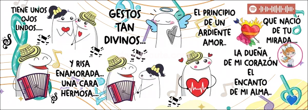 Plantilla editable con una pareja de personajes de trazo simple, él con sombrero vueltiao y acordeón, ella con moño, y un angelito con arpa, entre frases de la canción, notas musicales, un corazón en llamas y un código para escanear la canción