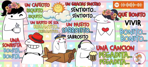 Plantilla editable con personajes de trazo simple entre frases de colores sobre las cosas pequeñas que alegran el día, sobre un fondo de cuadros pastel con corazones y un código para escanear la canción