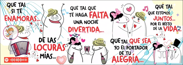 Plantilla editable con una pareja de personajes de trazo simple, él con sombrero vueltiao y acordeón, ella con moño, que brindan y terminan de novios, entre frases de la canción, notas musicales, corazones y un código para escanear la canción