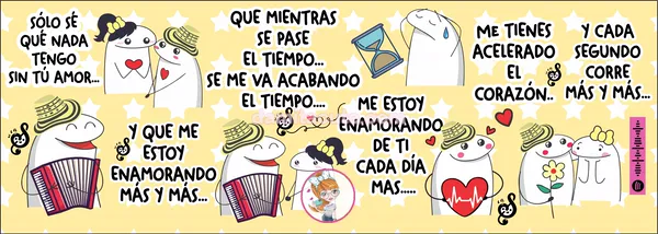 Plantilla editable sobre fondo amarillo con estrellas: una pareja de personajes de trazo simple, él con sombrero vueltiao y acordeón, ella con moño, entre frases de la canción, un reloj de arena, un corazón con latido y un código para escanear la canción