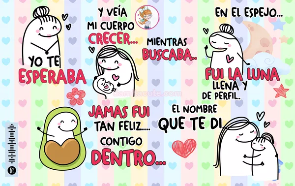 Plantilla editable sobre fondo de rayas pastel con corazones: una mamá de trazo simple que espera, carga y abraza a su bebé, entre frases de la canción, un aguacate con corazón, una luna y un código para escanear la canción