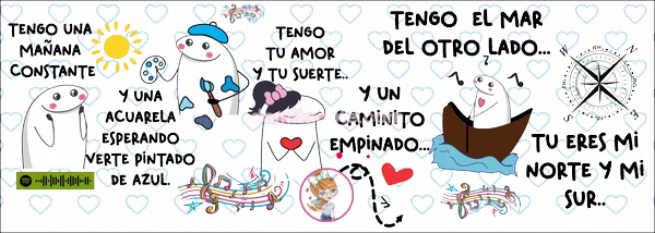 Plantilla editable sobre fondo de corazones celestes con personajes de trazo simple, uno pintando con acuarelas y otro en un barquito, entre frases de la canción, un sol, una rosa de los vientos, notas musicales y un código para escanear la canción